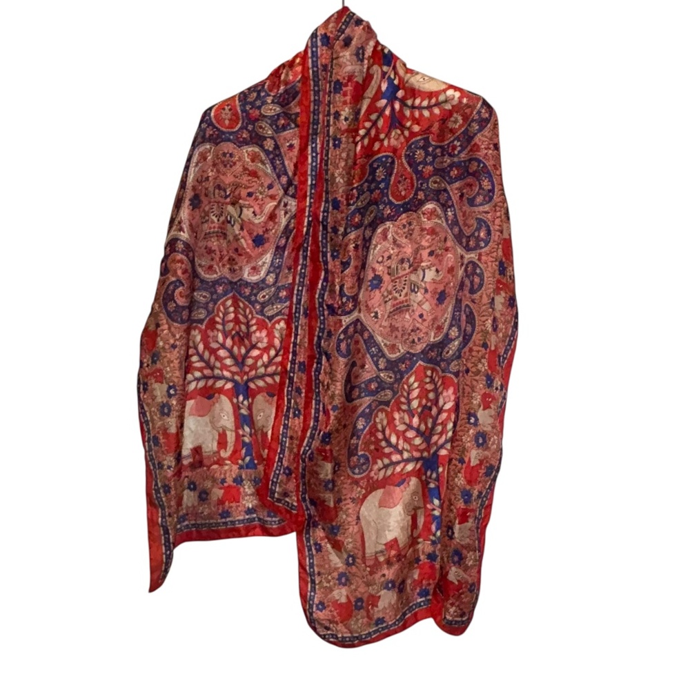 India Silk red blue elephants print ethnic Indian wear scarf
